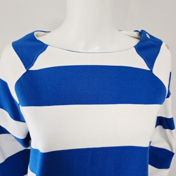 Maeve Anthropologie Sweatshirt Size S Blue Stripe Button Shoulder Puff Sleeve - Picture 5 of 8